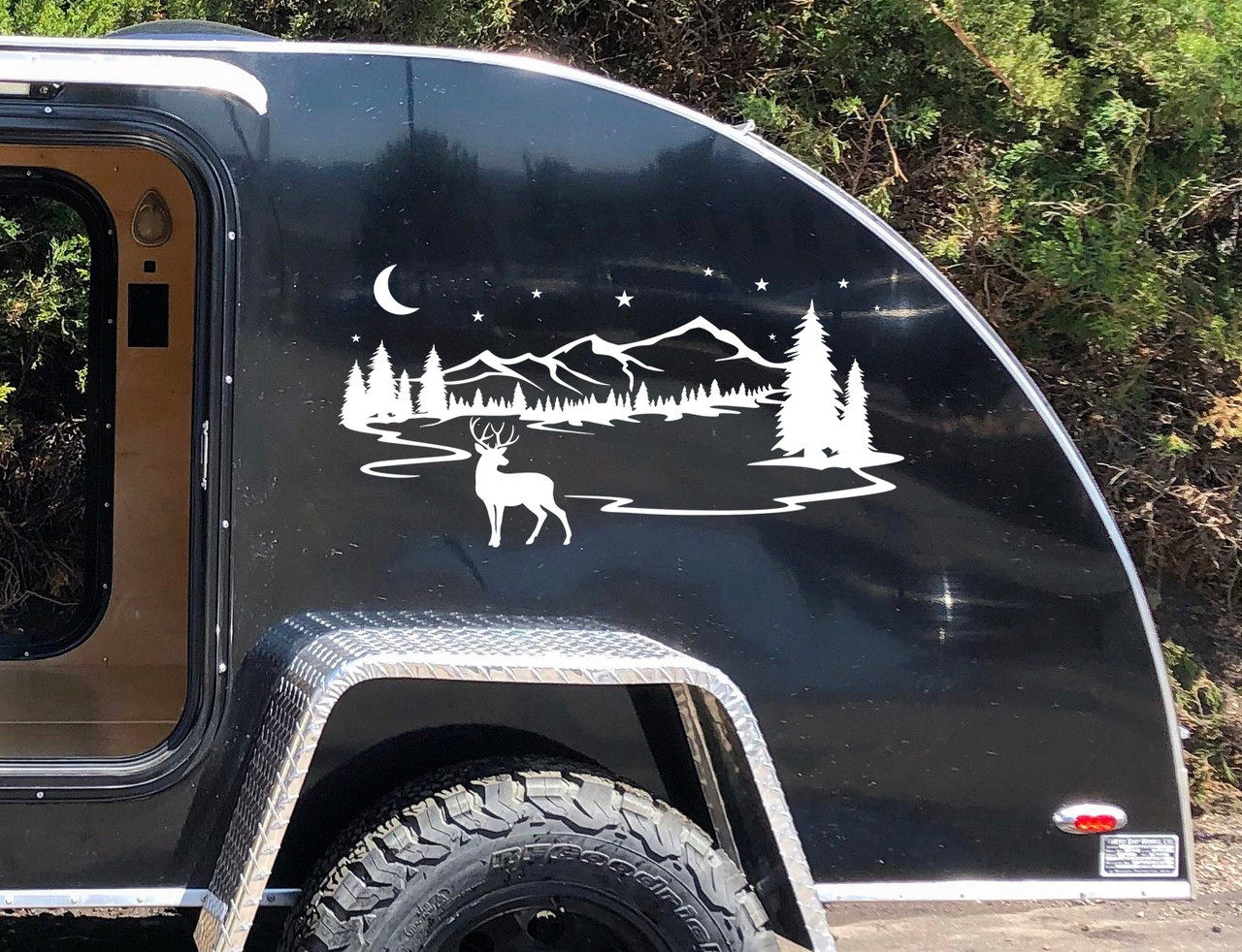 Deer Mountain Moon Stars Scene Vinyl Decal - RV Graphics Travel Trailer - Die Cut Sticker
