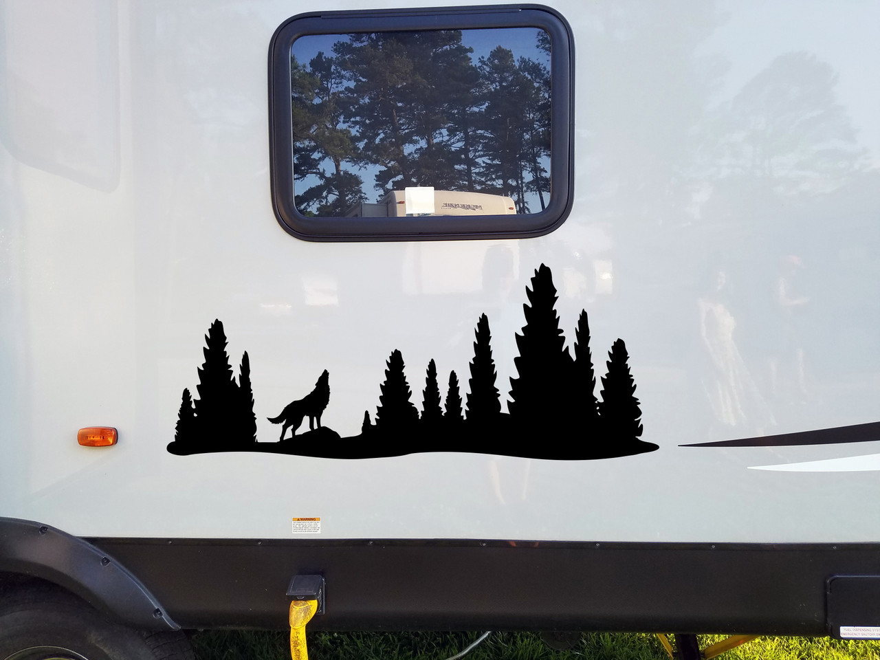 Wolf in Treeline Vinyl Decal - RV Graphics Motorhome Pine Trees Forest  - Die Cut Sticker
