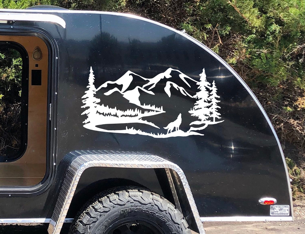 Howling Wolf Mountain Scene Vinyl Decal V2 - RV Motorhome Graphics - Die Cut Sticker