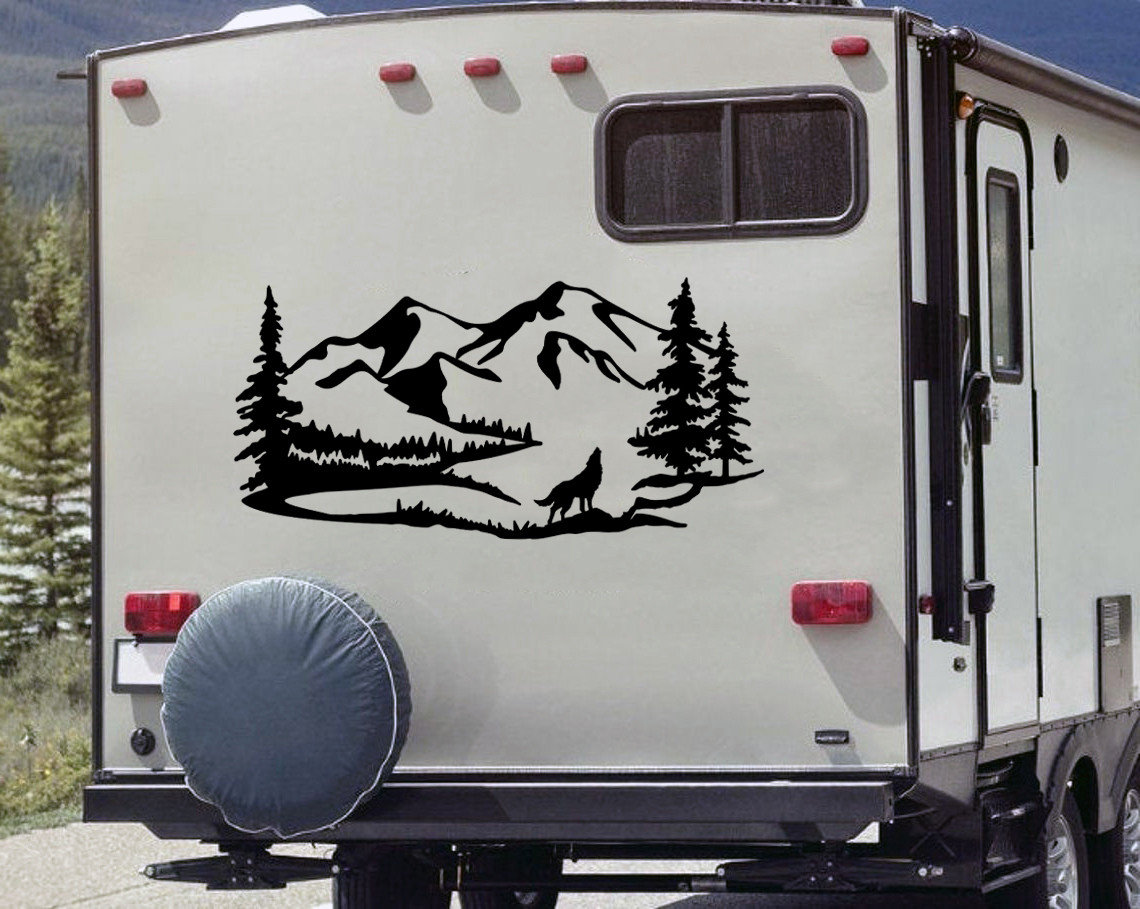 Howling Wolf Mountain Scene Vinyl Decal V2 - RV Motorhome Graphics - Die Cut Sticker