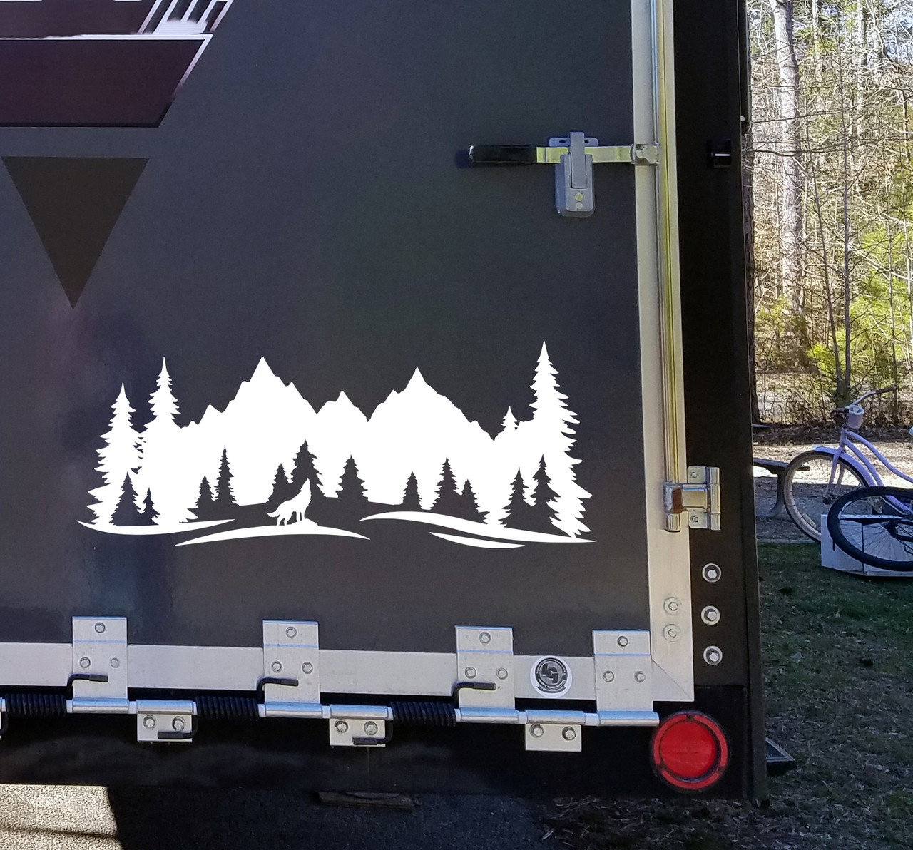 Howling Wolf Mountain Scene Vinyl Decal V3 - RV Motorhome Graphics - Die Cut Sticker