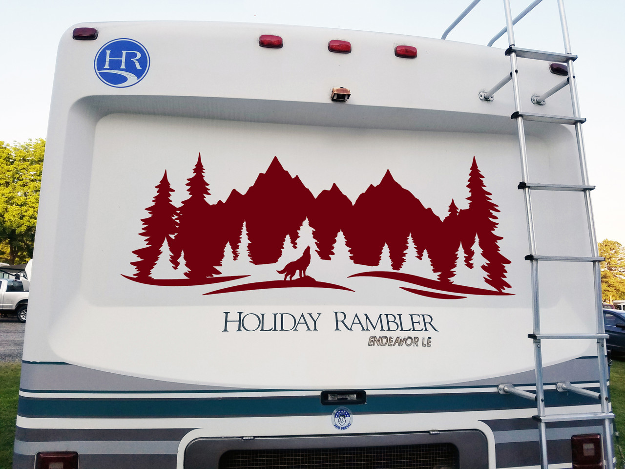 Howling Wolf Mountain Scene Vinyl Decal V3 - RV Motorhome Graphics - Die Cut Sticker