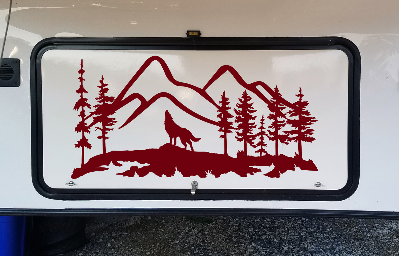 Howling Wolf Mountain Scene Vinyl Decal V4 - RV Camping Graphics - Die Cut Sticker