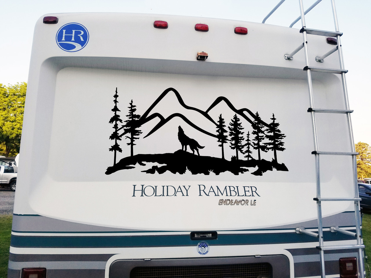 Howling Wolf Mountain Scene Vinyl Decal V4 - RV Camping Graphics - Die Cut Sticker