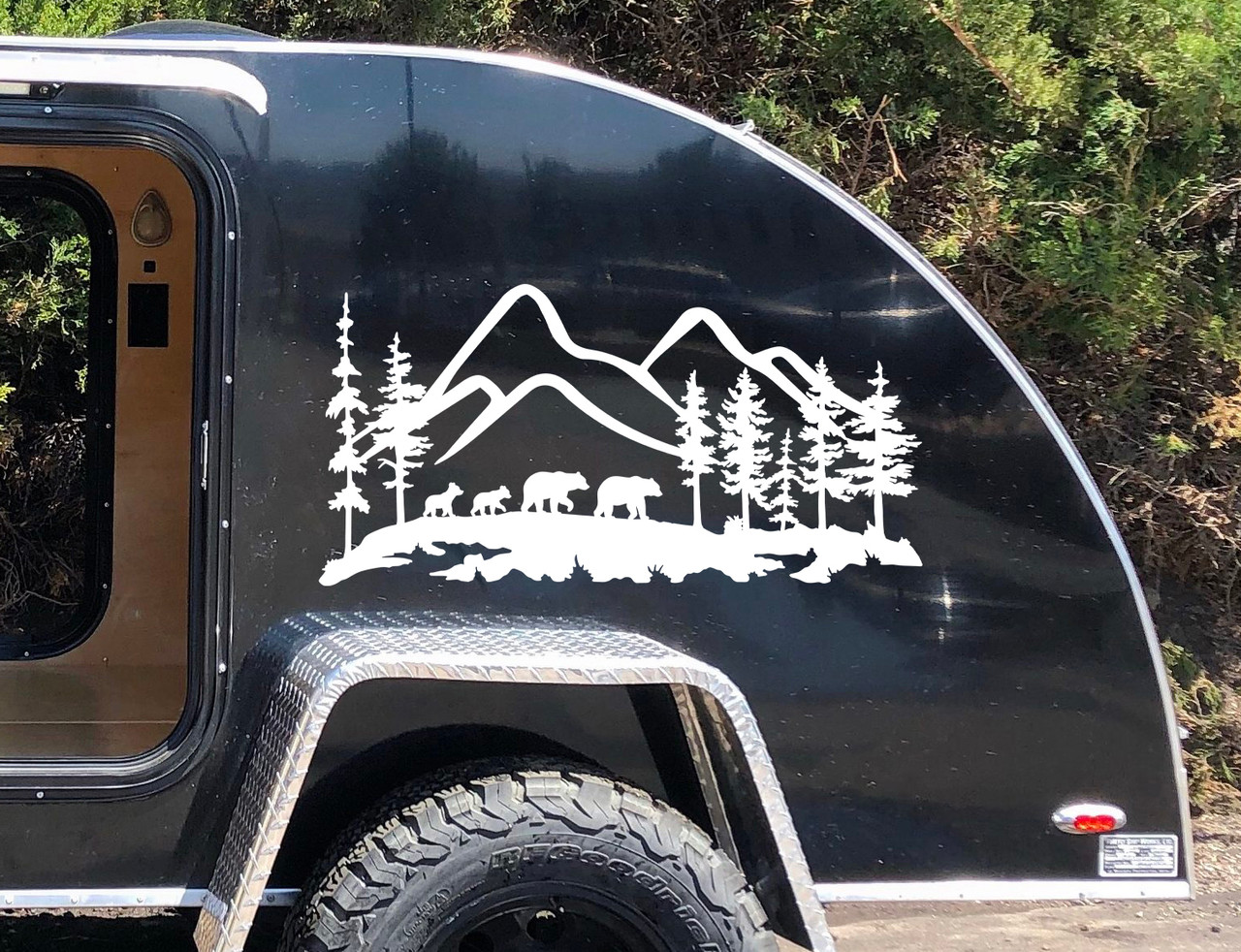 Bear Family Mountain Scene Vinyl Decal - RV Motorhome Graphics - Die Cut Sticker