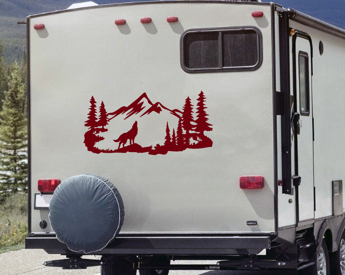 Howling Wolf Mountain Scene Vinyl Decal V5 - RV Camping Graphics - Die Cut Sticker