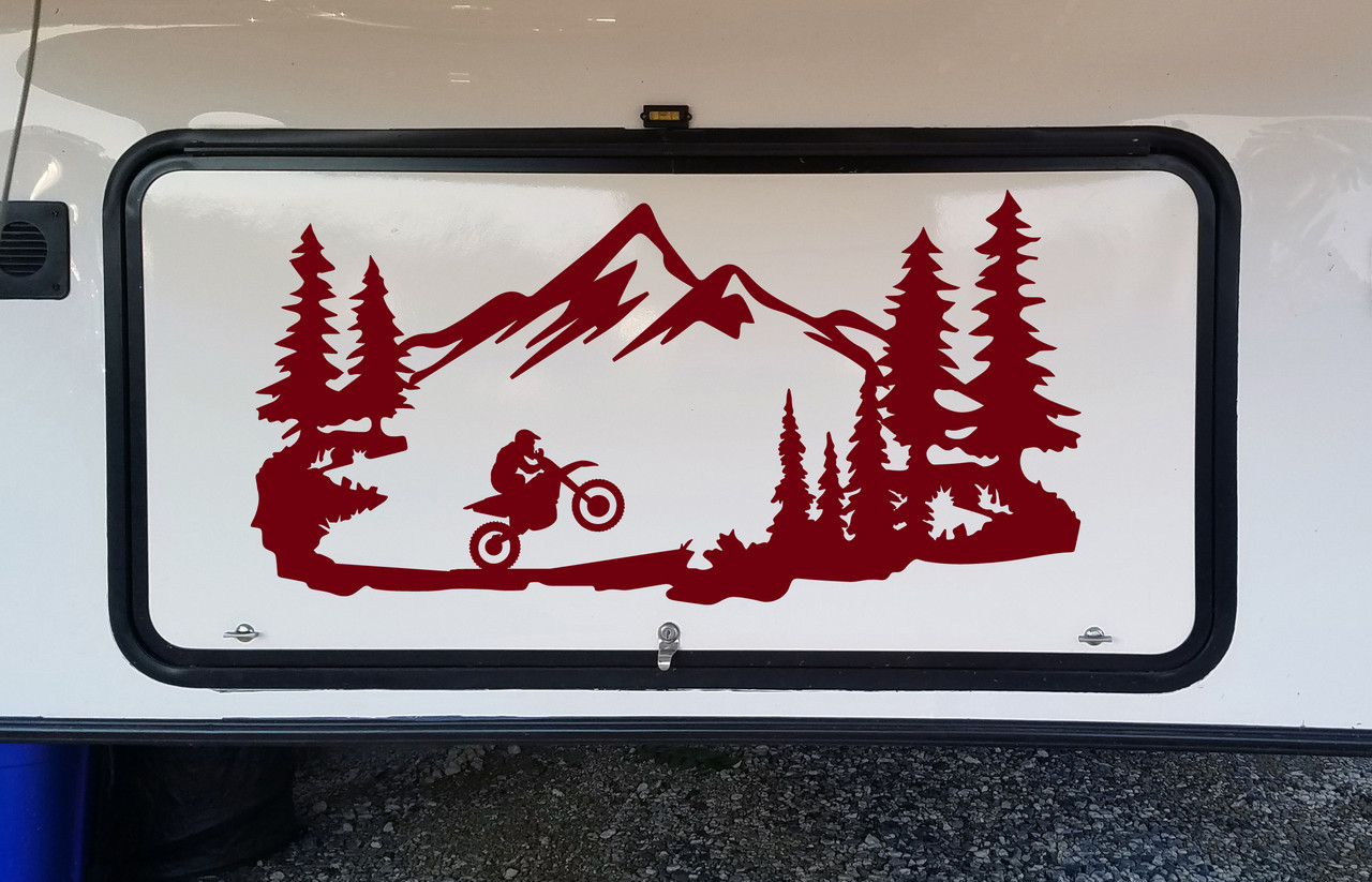Dirt Bike Mountains Scene Vinyl Decal -  RV Toy Hauler Graphics Motorcycle  - Die Cut Sticker
