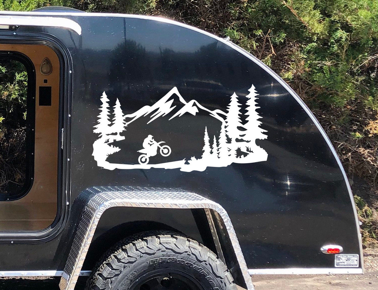 Dirt Bike Mountains Scene Vinyl Decal -  RV Toy Hauler Graphics Motorcycle  - Die Cut Sticker
