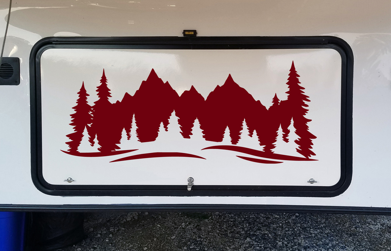 Mountain Forest Scene Vinyl Decal V11 - RV Camper Graphics - Die Cut Sticker
