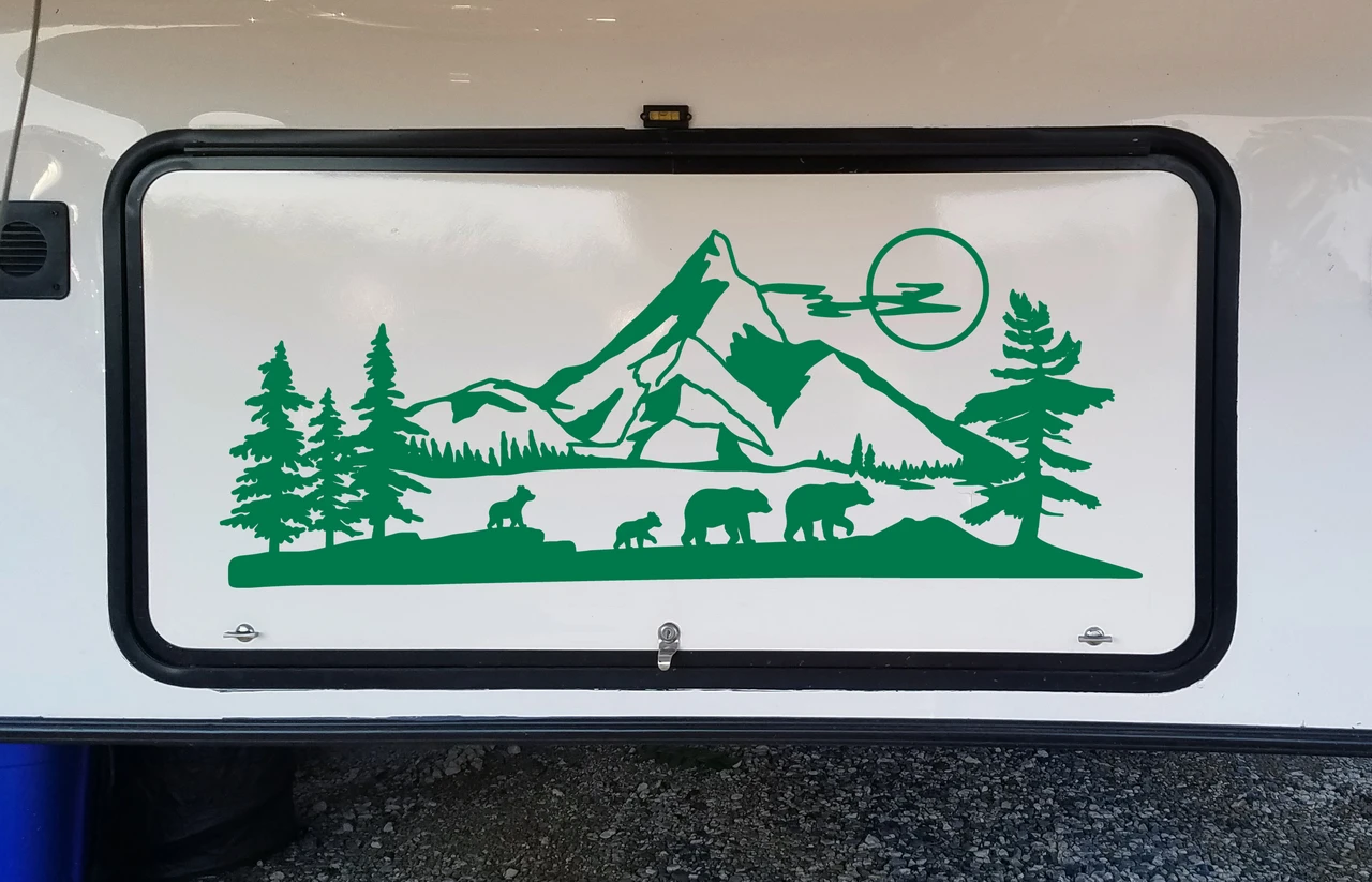Bear Family Mountain Moon Scene Vinyl Decal V3 - RV Camper Travel Trailer Graphics - Die Cut Sticker
