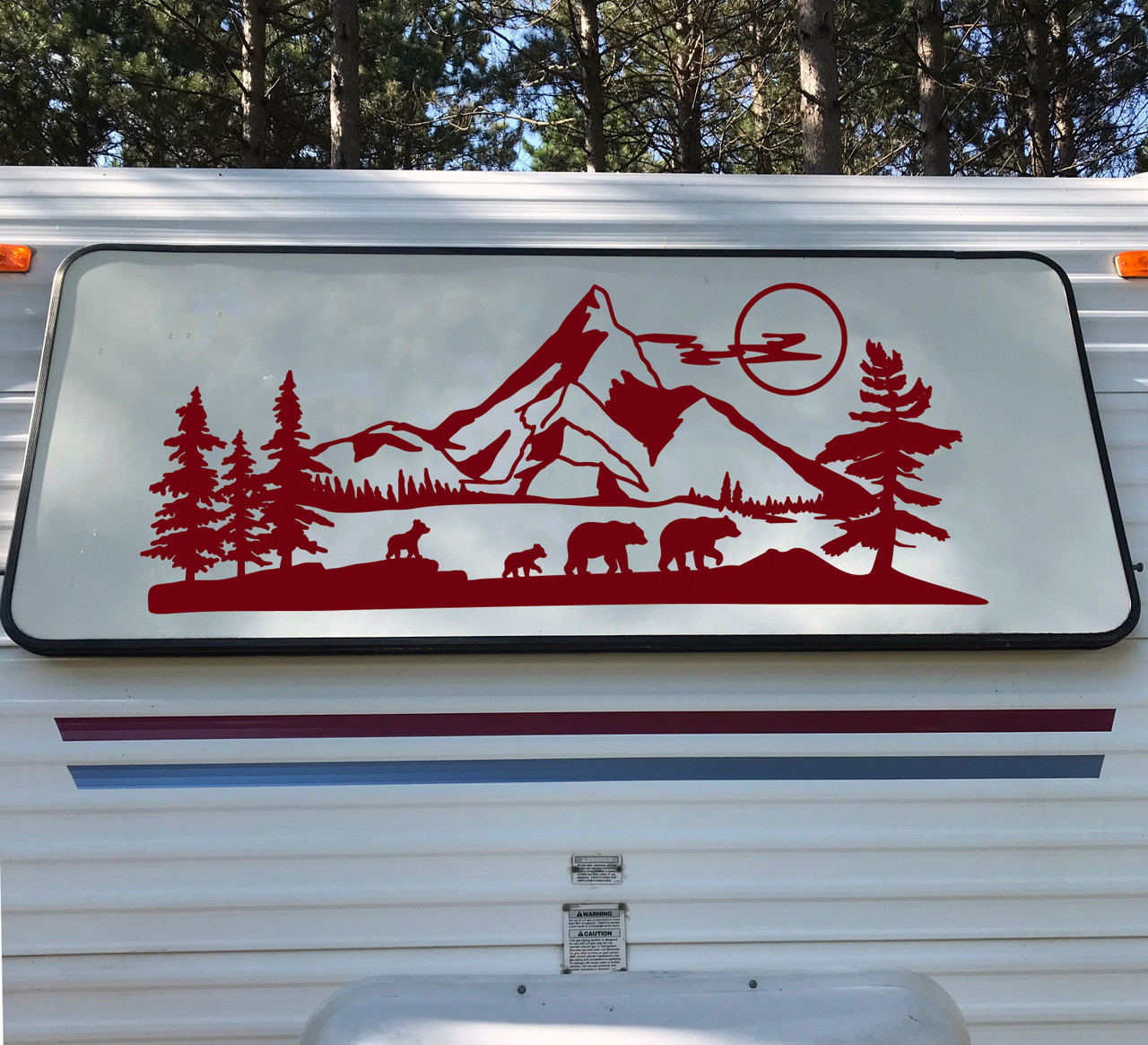 Bear Family Mountain Moon Scene Vinyl Decal V3 - RV Camper Travel Trailer Graphics - Die Cut Sticker 