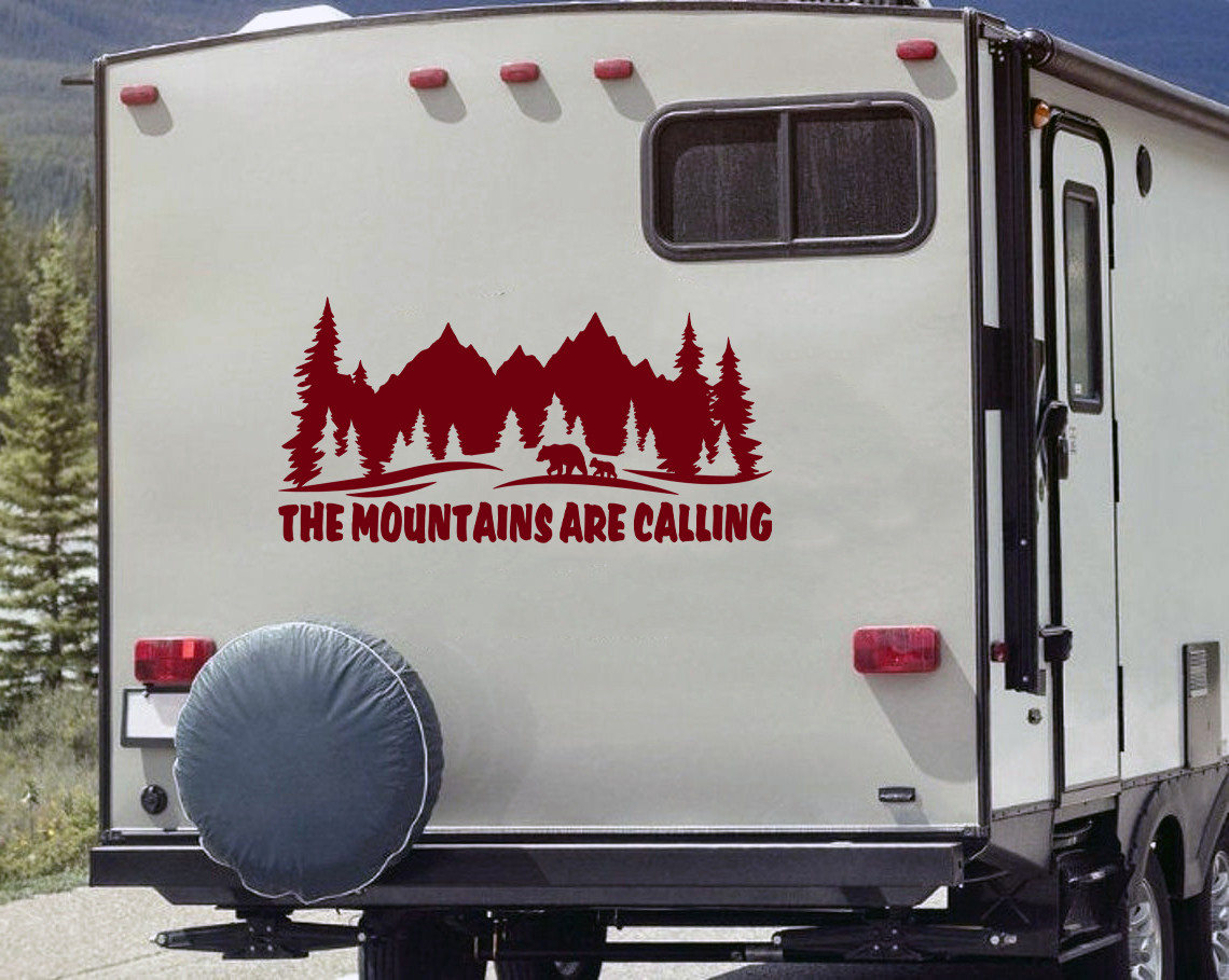 The Mountains Are Calling Vinyl Decal V3 - Bear Family RV Camper Graphics Scene - Die Cut Sticker