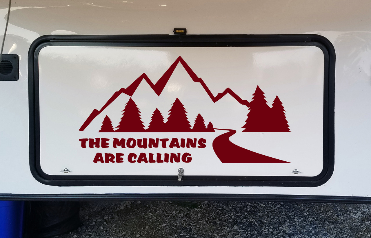 The Mountains Are Calling Vinyl Decal V6 - Forest RV Camper Road Graphics Scene - Die Cut Sticker