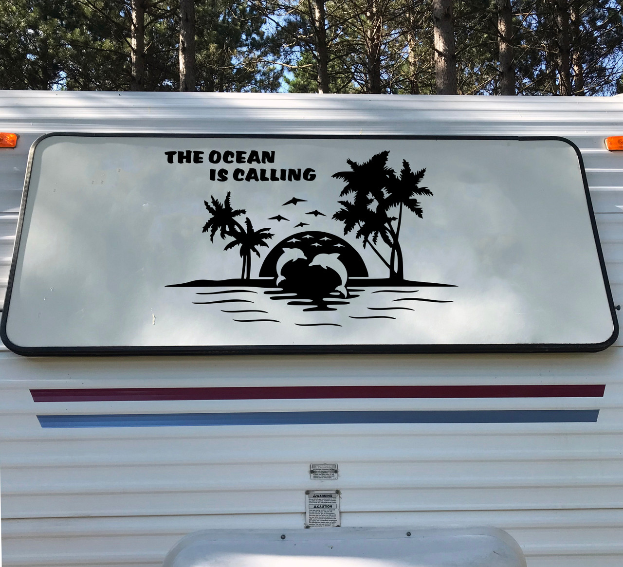 The Ocean is Calling Vinyl Decal V1 - Palm Trees Dolphins RV Camper Graphics Scene - Die Cut Sticker