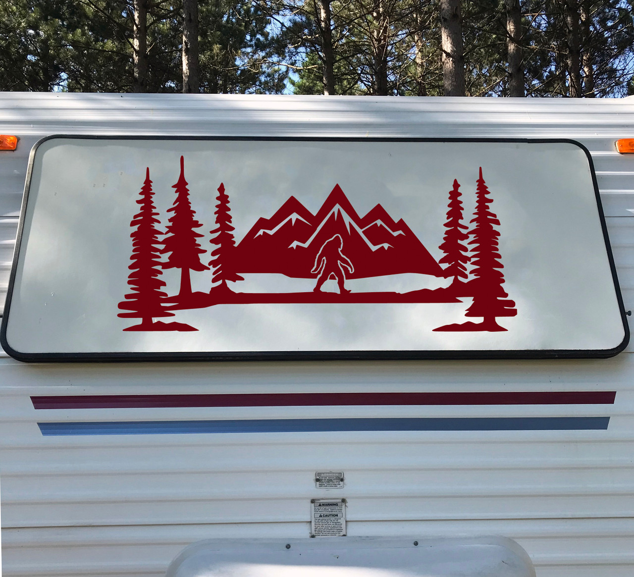 Bigfoot Sasquatch Mountains Scene Vinyl Decal V9 - PNW Trees RV Graphics Travel Trailer Camper - Die Cut Sticker