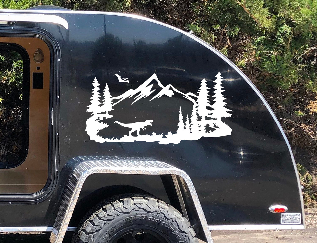 T-Rex Mountains Scene Vinyl Decal V2 - Pterodactyl Dinosaur RV Travel Trailer - Die Cut Sticker