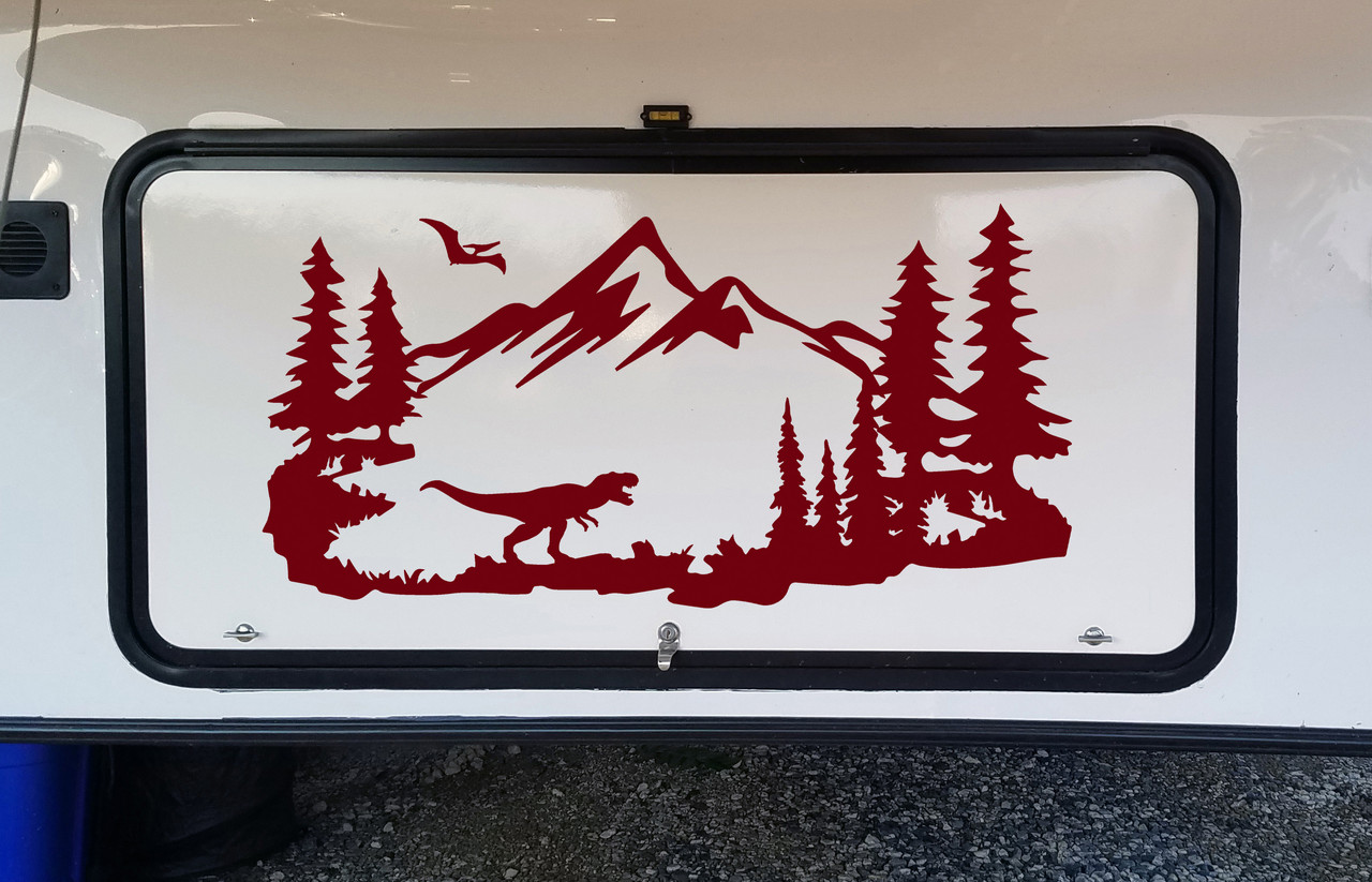 T-Rex Mountains Scene Vinyl Decal V2 - Pterodactyl Dinosaur RV Travel Trailer - Die Cut Sticker