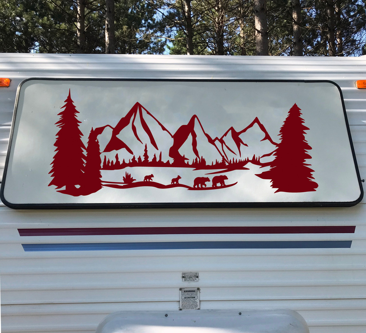 Bear Family Mountains Scenery Vinyl Decal V4 - RV Graphics Camper - Die Cut Sticker