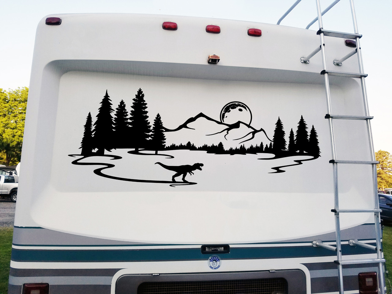 T-Rex Moon Stars Scene Vinyl Decal V2 - Dinosaur Tyrannosaurus Rex RV Graphics - Die Cut Sticker