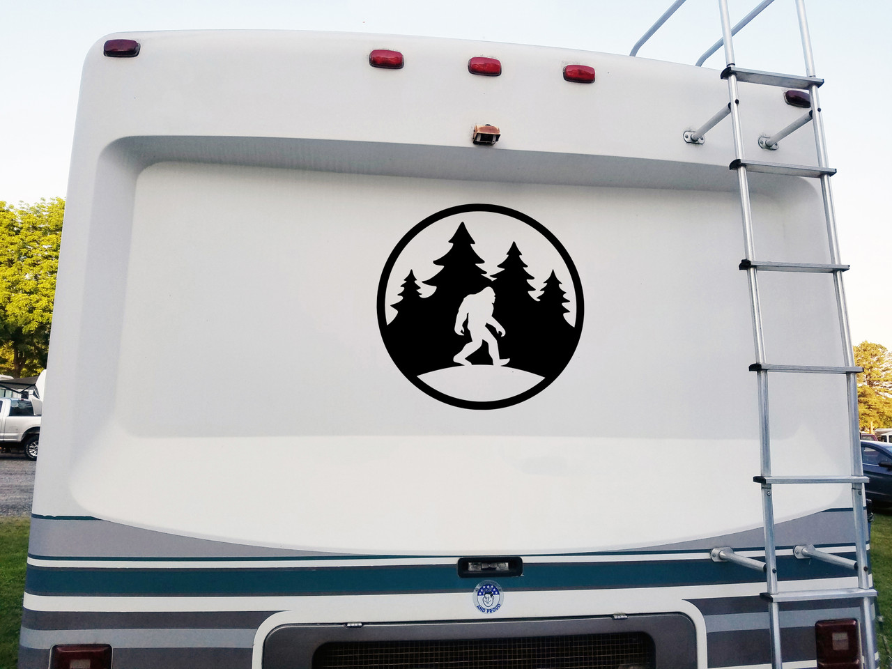 Bigfoot in Tree Line Circle Vinyl Decal V10 - PNW Forest Trees RV Graphics - Die Cut Sticker