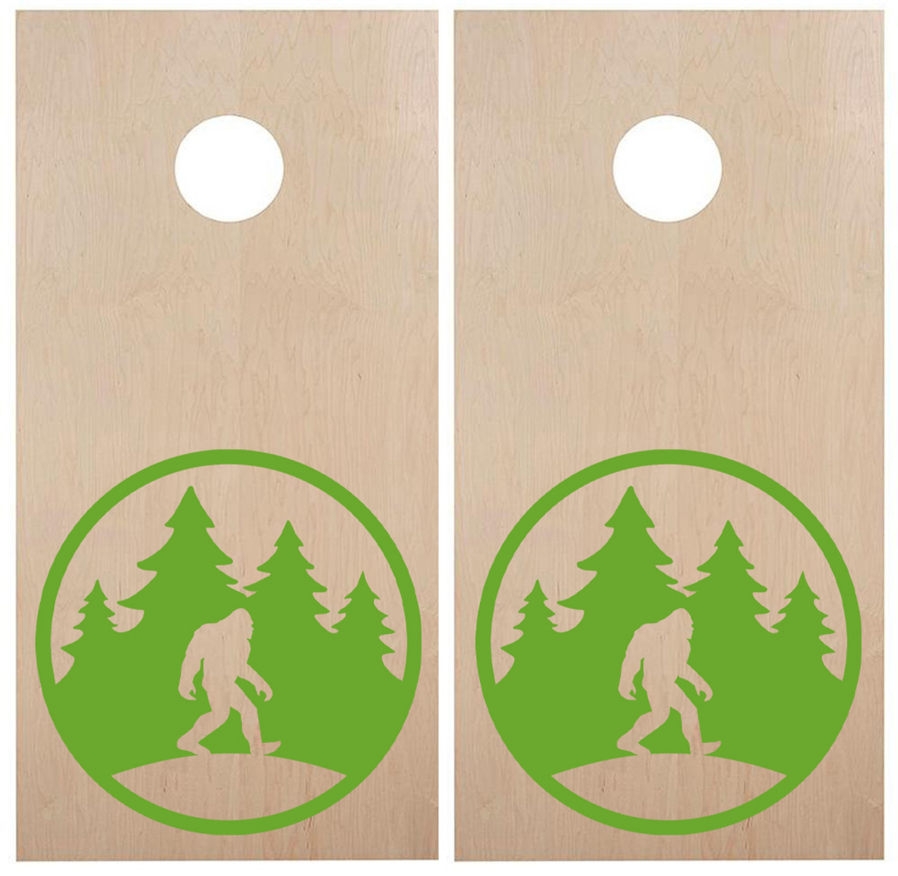 Bigfoot  in Tree Line Circle Cornhole Board Decals V10 - PNW Sasquatch  - Vinyl Die Cut Stickers - each 22w x 22h inches
