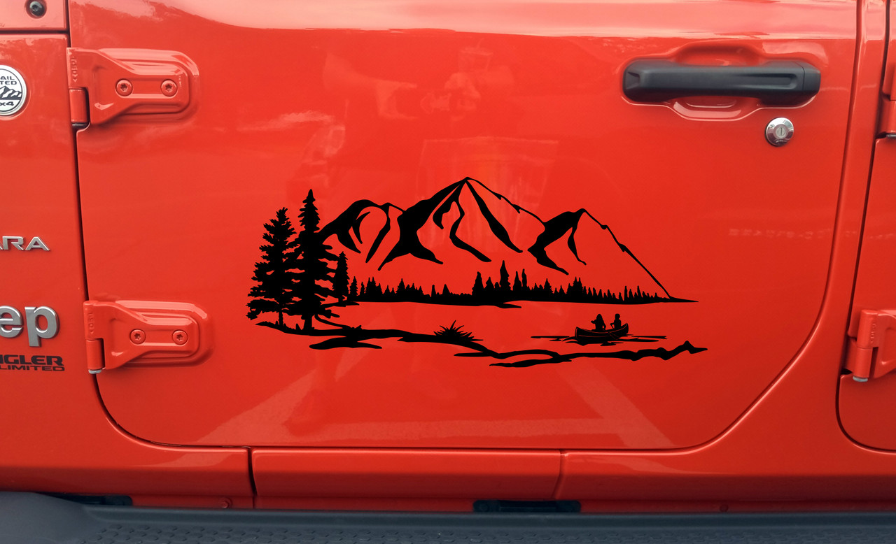 Lake Mountain Canoe Scene Vinyl Decal V1 - RV Graphics Camping - Die Cut Sticker