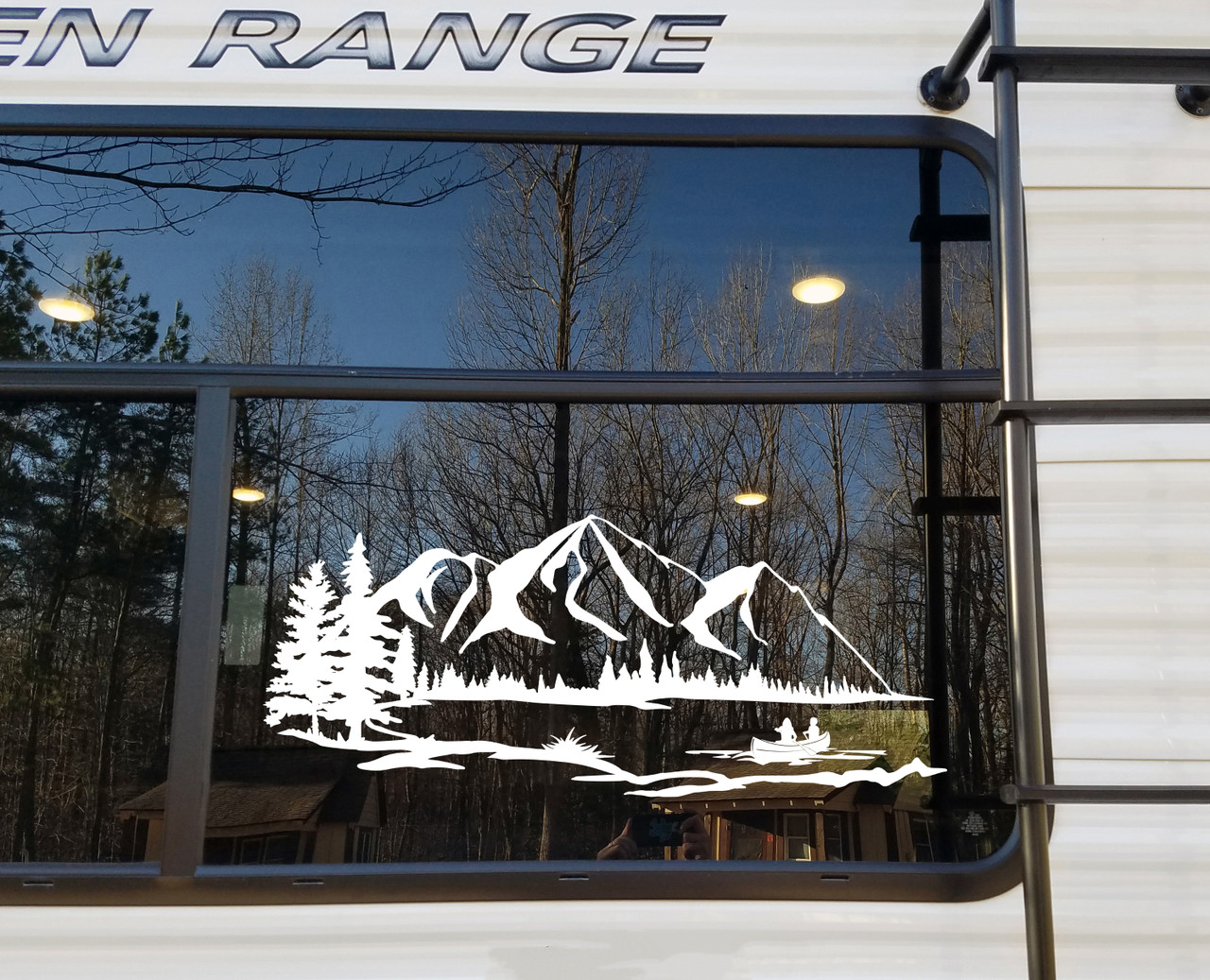 Lake Mountain Canoe Scene Vinyl Decal V1 - RV Graphics Camping - Die Cut Sticker
