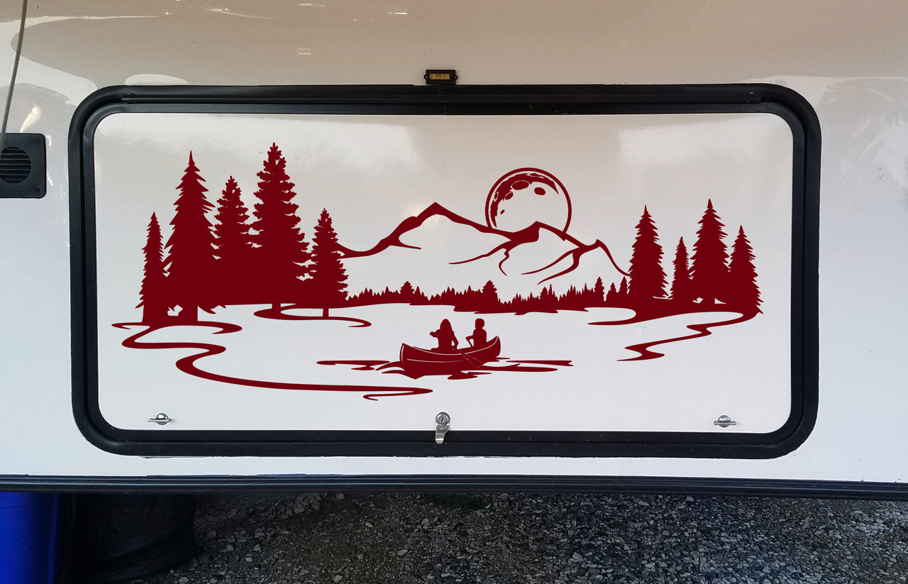 Moon Lake Mountain Canoe Scene Vinyl Decal - RV Graphics Camping - Die Cut Sticker
