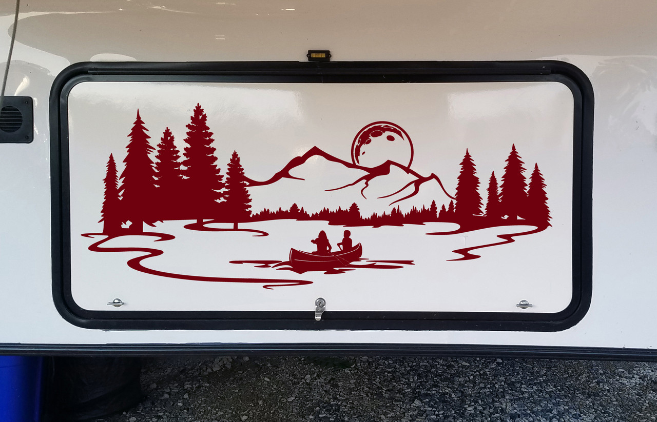 Moon Lake Mountain Canoe Scene Vinyl Decal - RV Graphics Camping - Die Cut Sticker