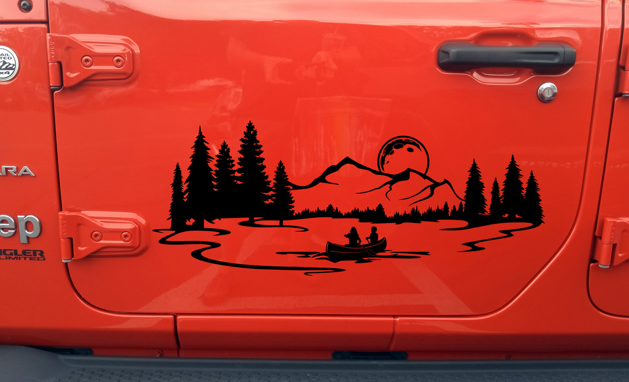 Moon Lake Mountain Canoe Scene Vinyl Decal - RV Graphics Camping - Die Cut Sticker