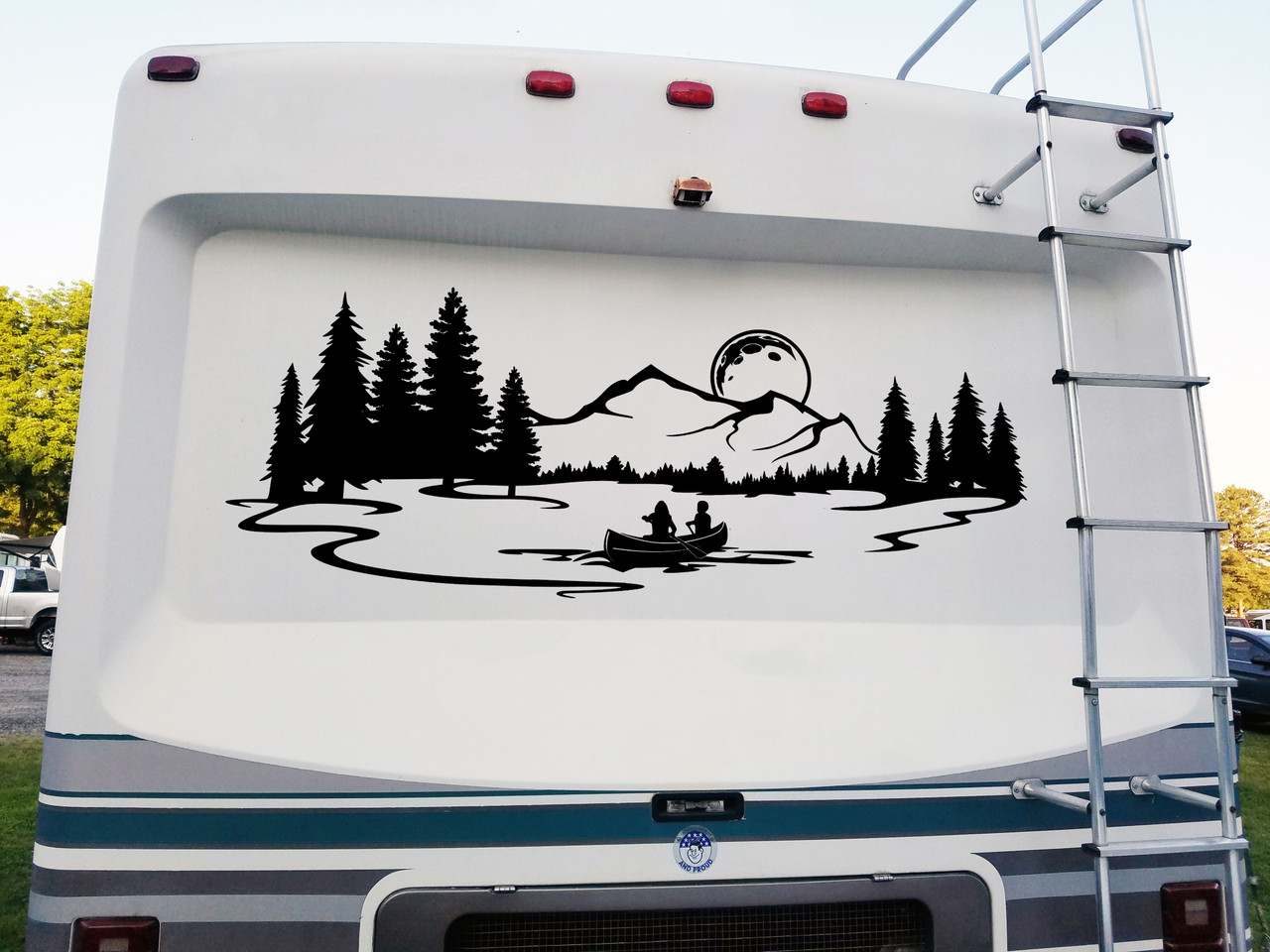 Moon Lake Mountain Canoe Scene Vinyl Decal - RV Graphics Camping - Die Cut Sticker