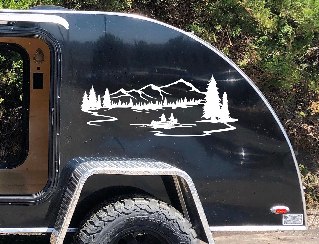 Lake Mountain Canoe Scene Vinyl Decal V2 - RV Graphics Camping - Die Cut Sticker