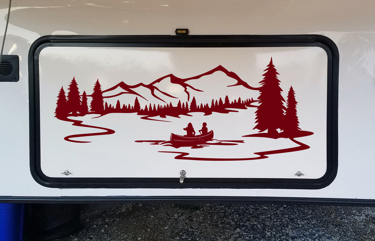 Lake Mountain Canoe Scene Vinyl Decal V2 - RV Graphics Camping - Die Cut Sticker