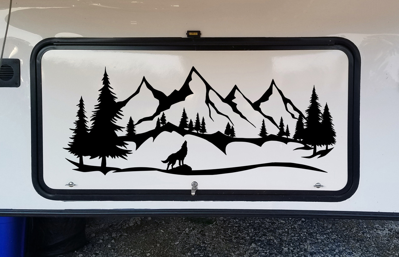 Wolf Mountains Forest Scene Vinyl Decal V7 - RV Travel Trailer Graphics - Die Cut Sticker