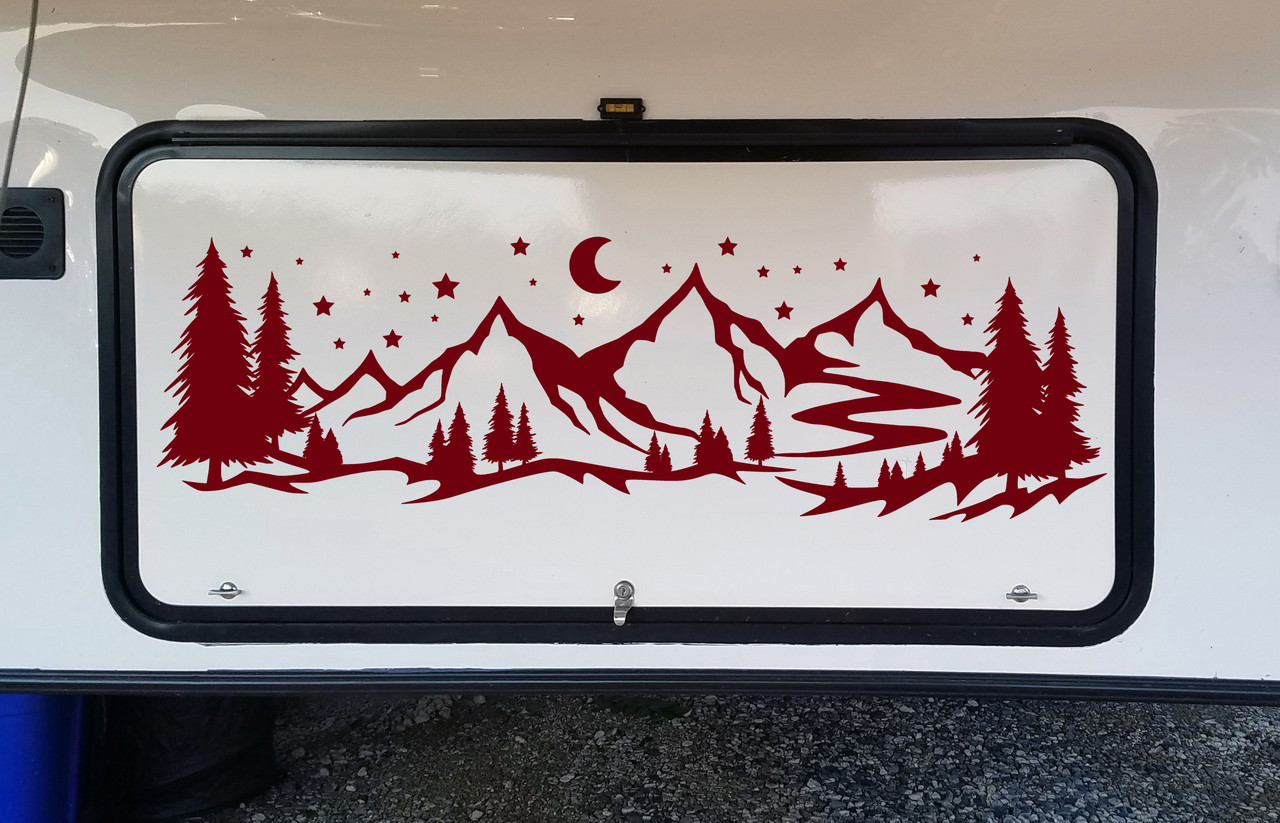 Moon and Stars Mountain Scene Vinyl Decal V3 - Camping RV Travel Trailer - Die Cut Sticker