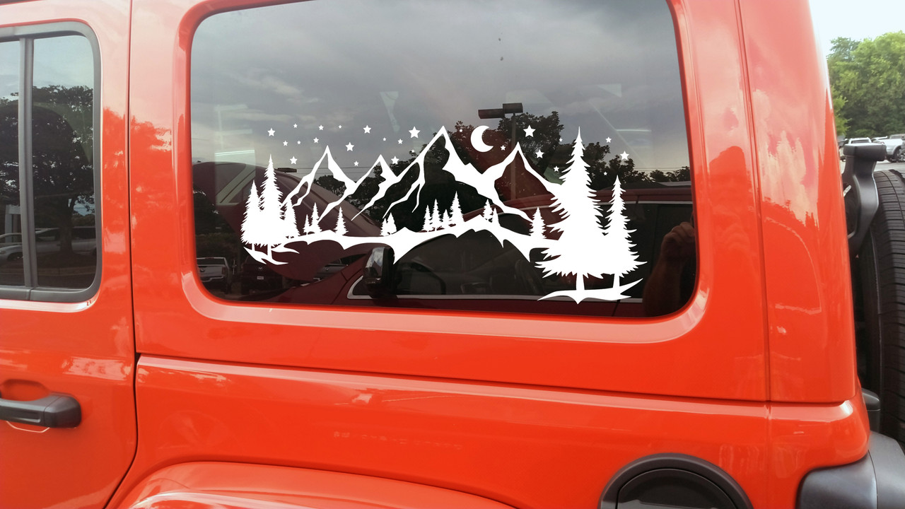 Moon and Stars Mountain Scene Vinyl Decal V4 - Camping RV Travel Trailer - Die Cut Sticker