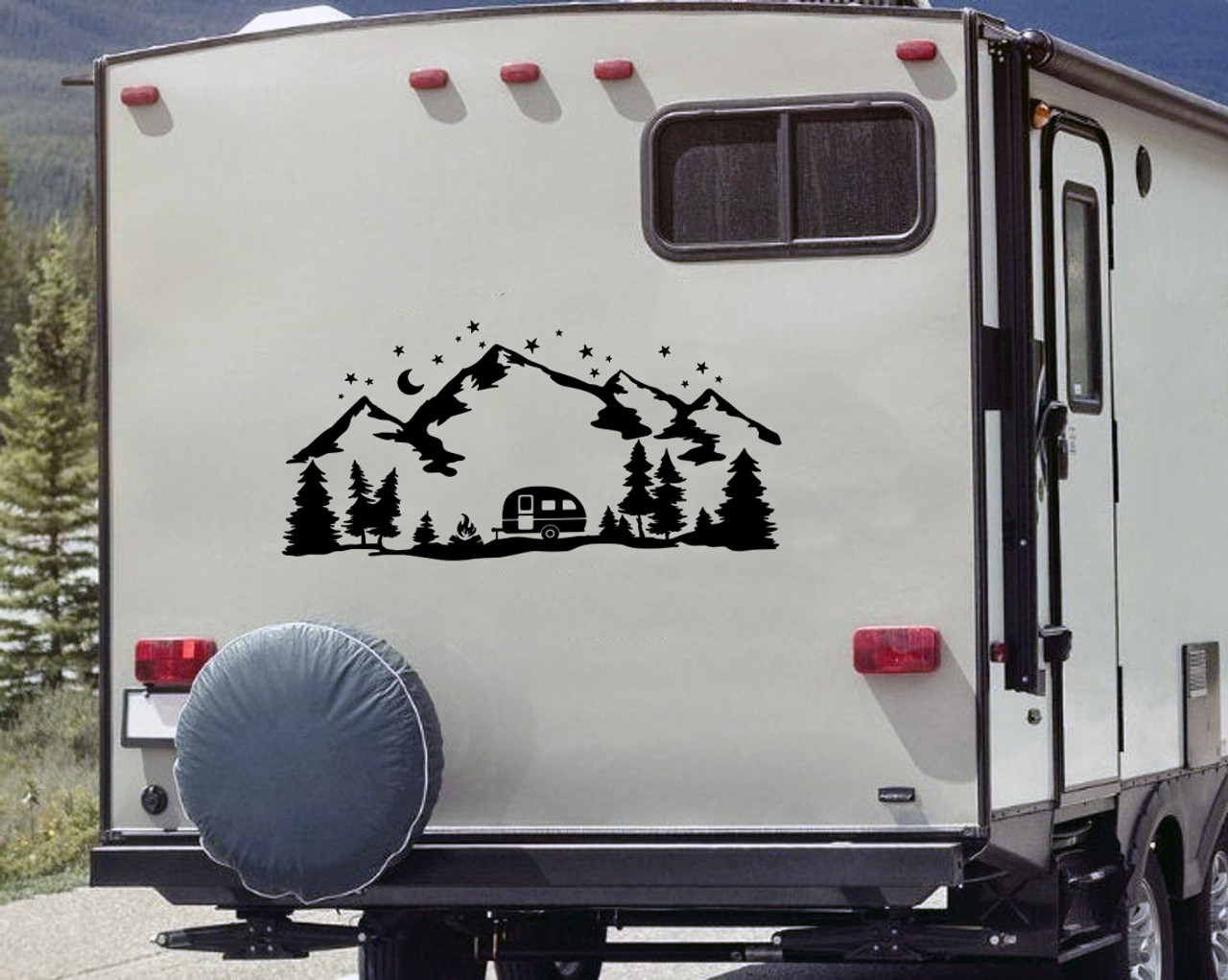 Travel Trailer Moon Stars Vinyl Decal V2 - Mountains Trees Camper Graphics - Die Cut Sticker
