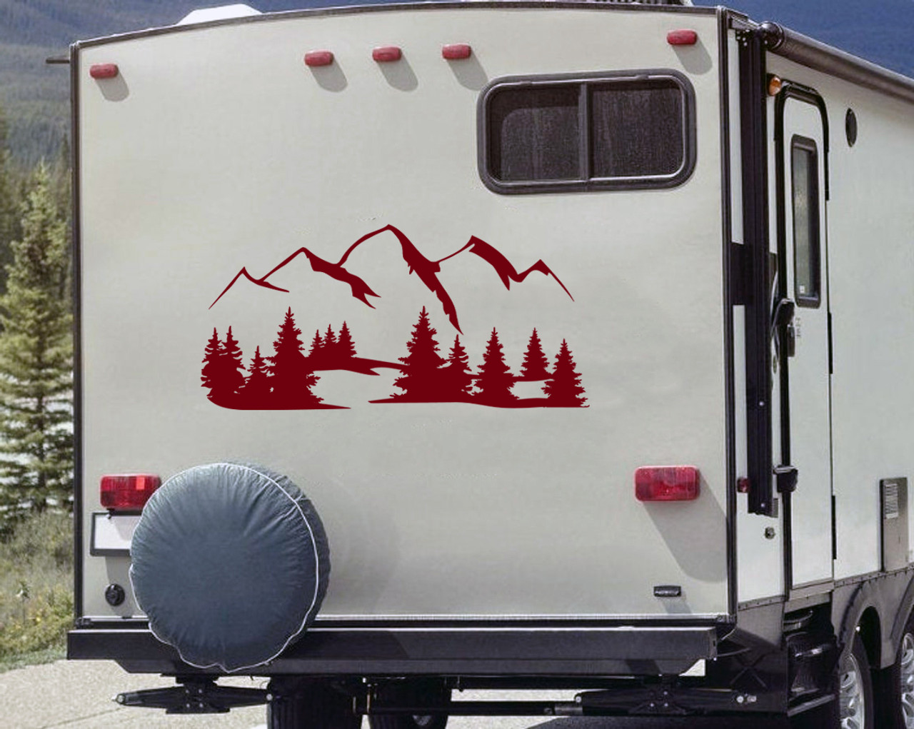 Mountains Forest Scene Vinyl Decal V16 - RV Travel Trailer Graphics - Die Cut Sticker
