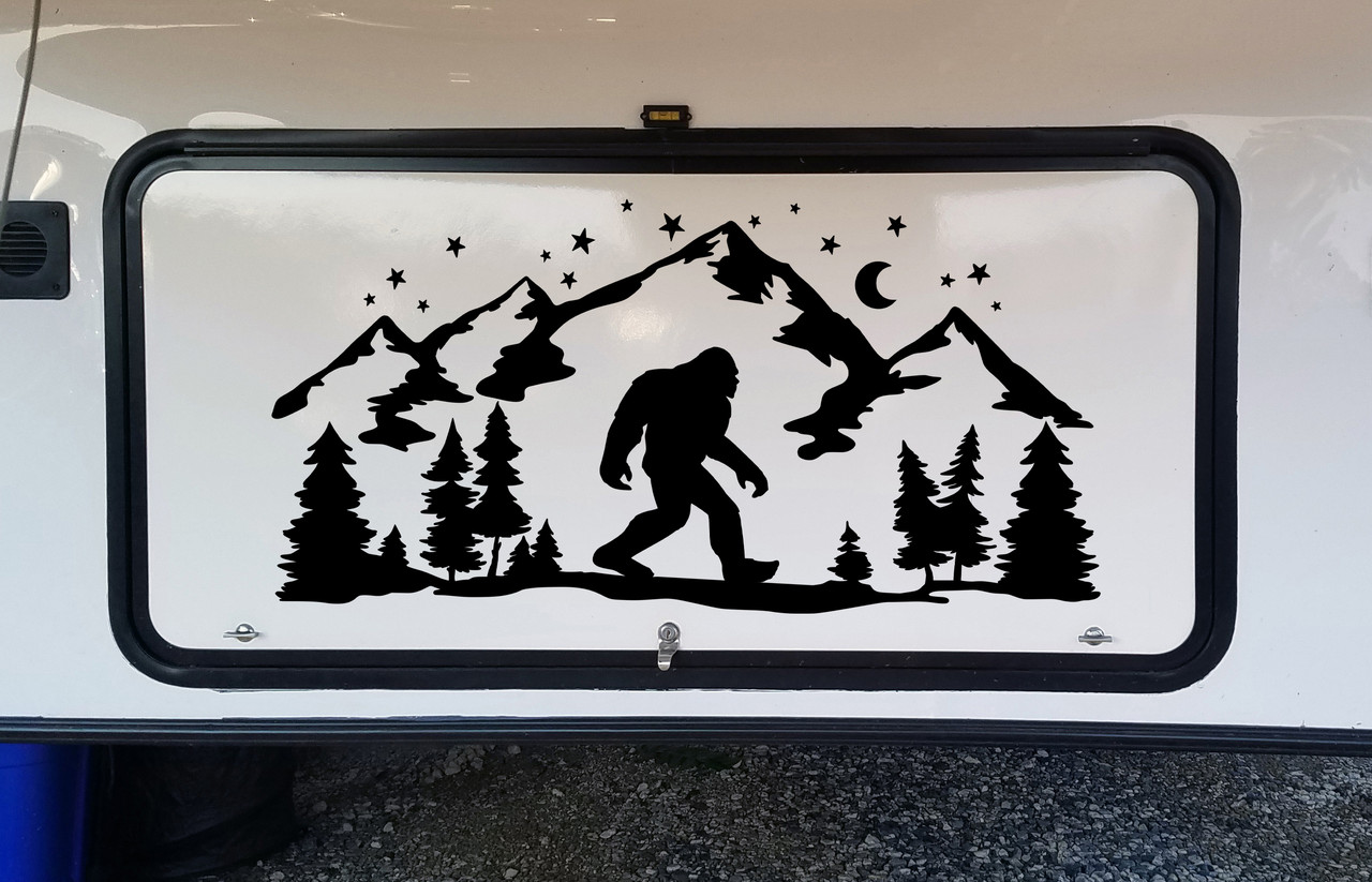 Bigfoot Mountain Moon Stars Scene Vinyl Decal V5 - Sasquatch RV Camper Graphics - Die Cut Sticker

