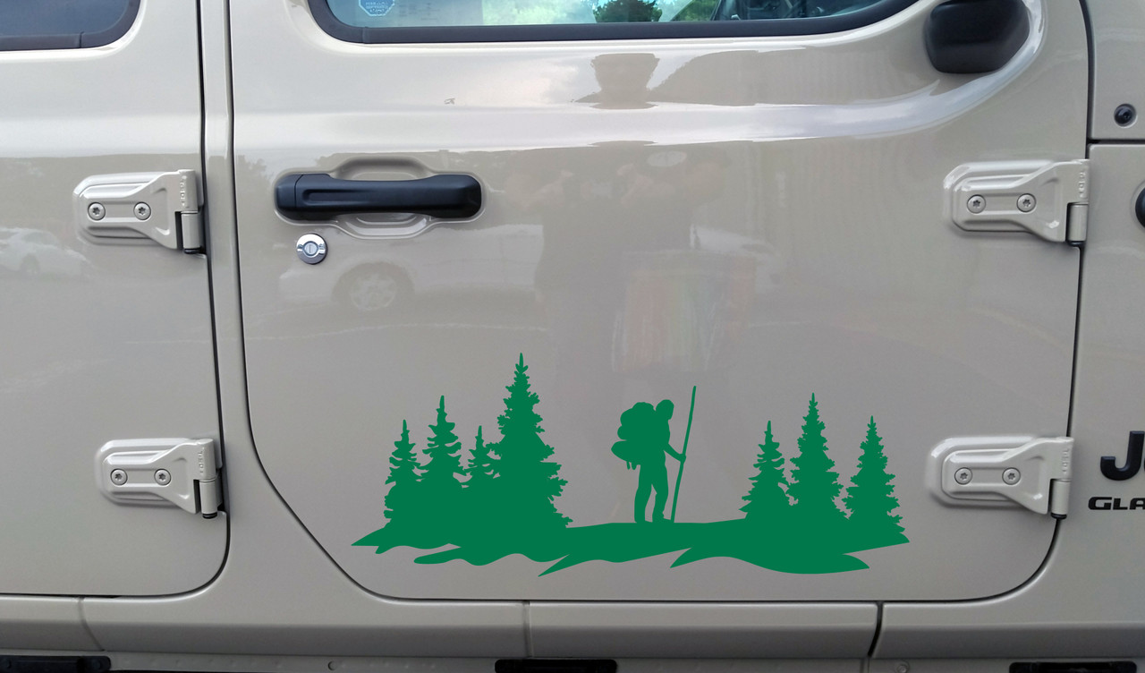Hiker in Forest Scene Vinyl Decal V2 - Truck Camper Graphics Mountains - Die Cut Sticker
