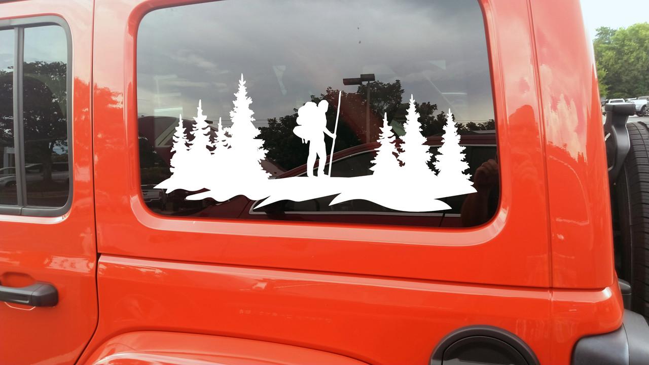 Hiker in Forest Scene Vinyl Decal V2 - Truck Camper Graphics Mountains - Die Cut Sticker