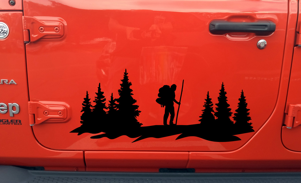 Hiker in Forest Scene Vinyl Decal V2 - Truck Camper Graphics Mountains - Die Cut Sticker