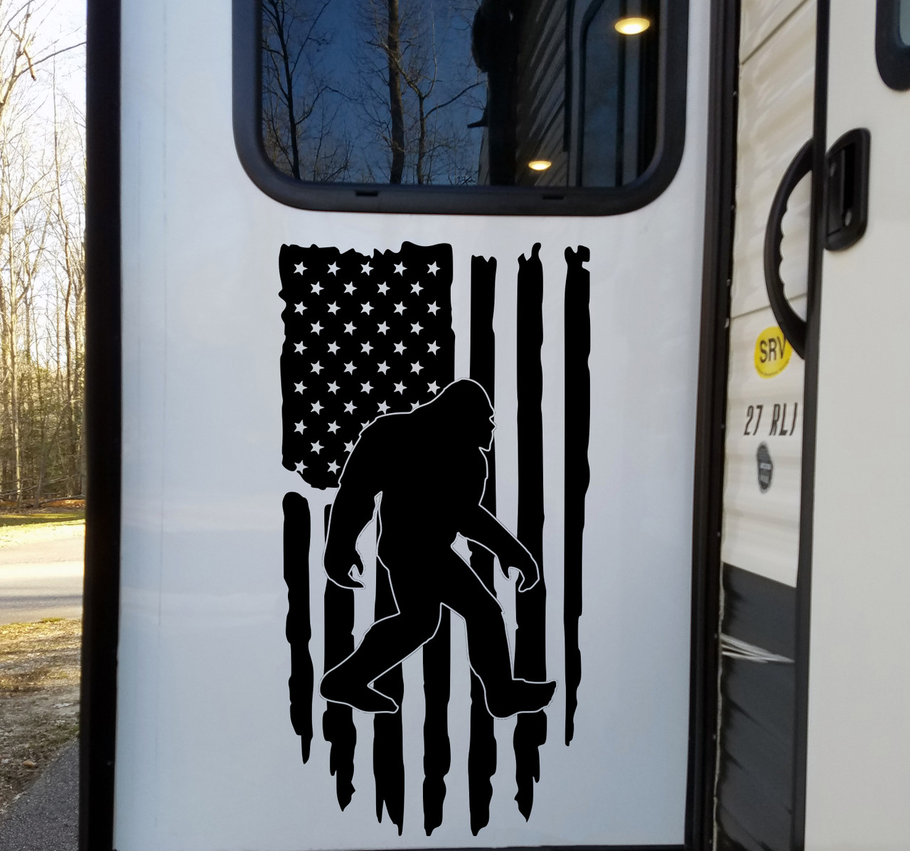 Bigfoot with Distressed American Flag Vinyl Decal - United States Stars and Stripes - Die Cut Sticker
