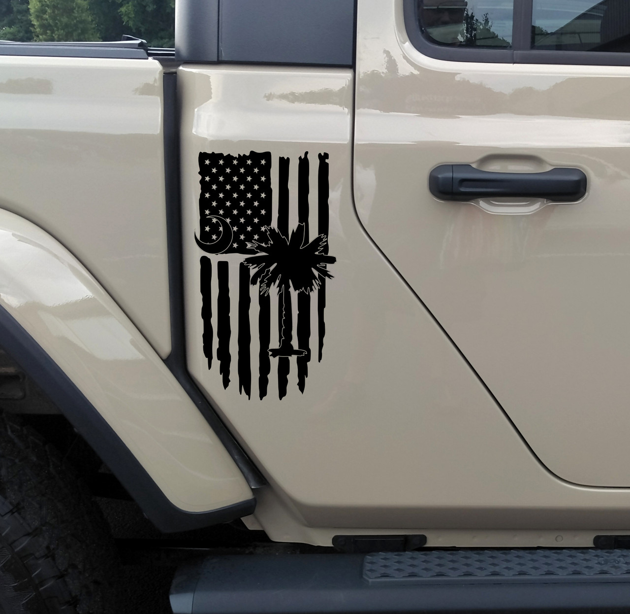 Palmetto Tree Crescent Moon with Distressed American Flag Vinyl Decal - Die Cut Sticker
 Palmetto Tree Crescent Moon with Distressed American Flag Vinyl Decal - Die Cut Sticker