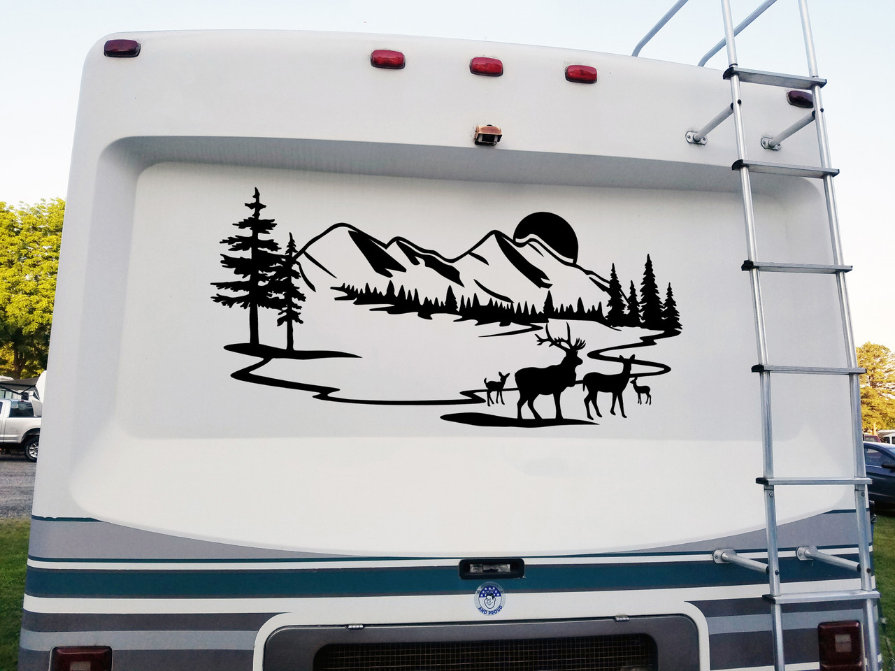 Deer Family Mountain Scene Vinyl Decal - Camper Graphics RV Moon - Die Cut Sticker