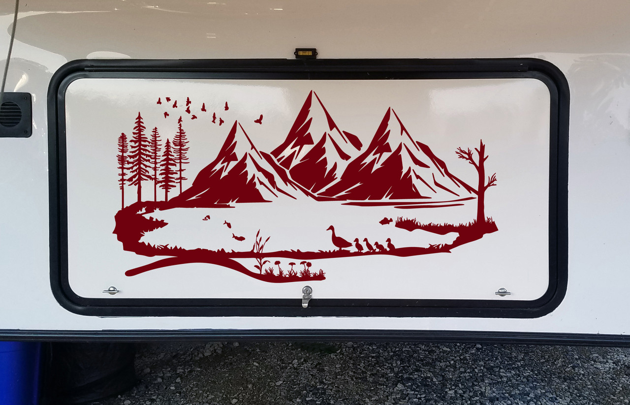Duck Family Lake Mountain Scene Vinyl Decal - Camper Graphics RV Fish - Die Cut Sticker