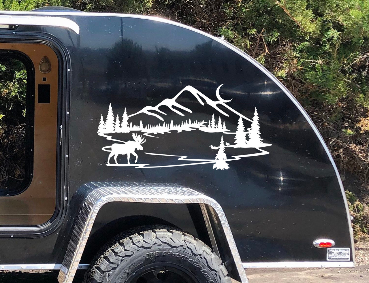 Moose Ducks Lake Mountain Moon Scene Vinyl Decal - Graphics RV Trailer - Die Cut Sticker