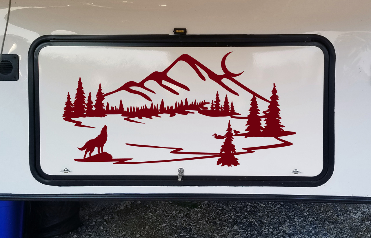 Howling Wolf Mountain Lake Scene Vinyl Decal - Moon Ducks RV Graphics - Die Cut Sticker