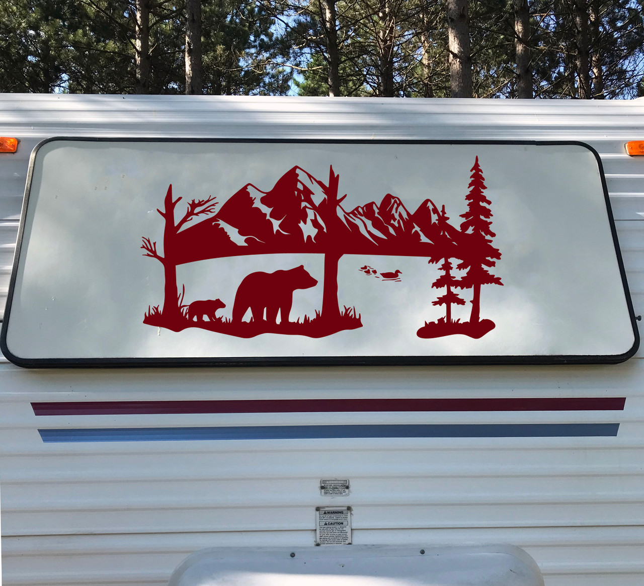 Bears Ducks Lake Mountain Scene Vinyl Decal - Camper Graphics Scenery - Die Cut Sticker