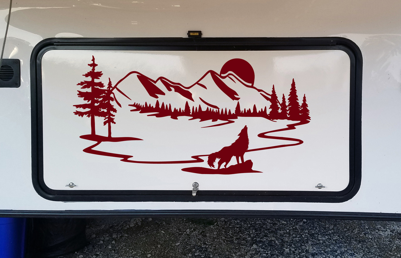 Howling Wolf Moon Scene Vinyl Decal V5 - Mountain Forest RV Graphics - Die Cut Sticker